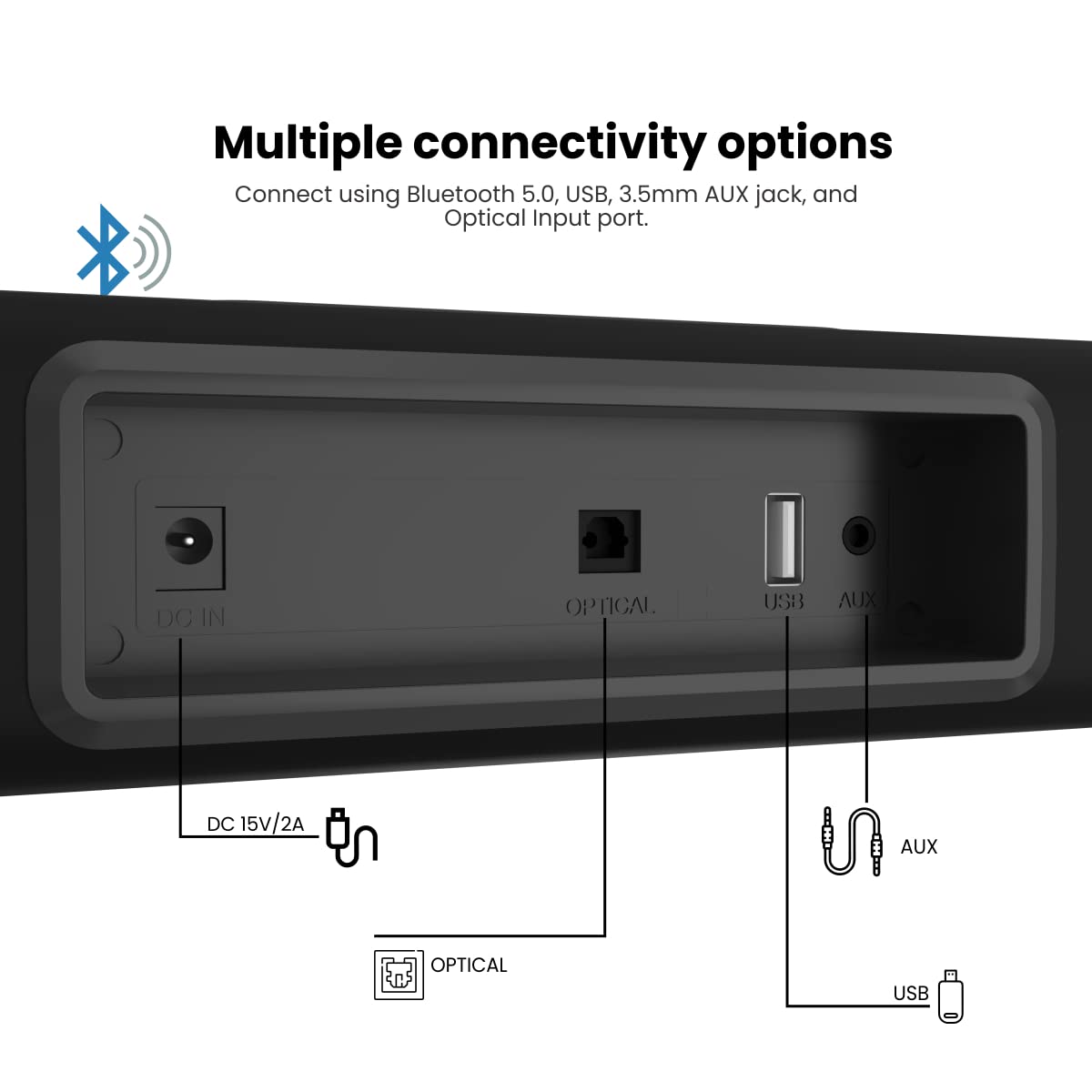 Portronics SOUND SLICK 5 80W Powerful Wireless Soundbar with Remote. Supports USB Flash Drive, Aux In, Optical Input Port (Black) Portronics SOUND SLICK 5 80W Powerful Wireless Soundbar with Remote. Supports USB Flash Drive, Aux In, Optical Input Port (Black)