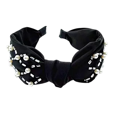 Elegant Rose Pearl & Rhinestone Turban Knot Headband
