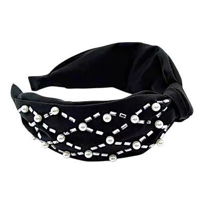 Elegant Rose Pearl & Rhinestone Turban Knot Headband