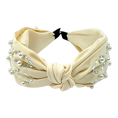 Elegant Rose Pearl & Rhinestone Turban Knot Headband