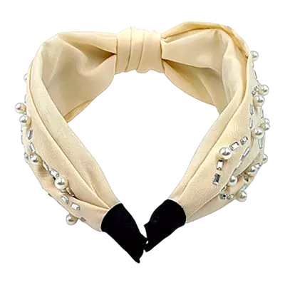 Elegant Rose Pearl & Rhinestone Turban Knot Headband