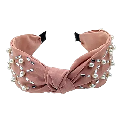 Elegant Rose Pearl & Rhinestone Turban Knot Headband
