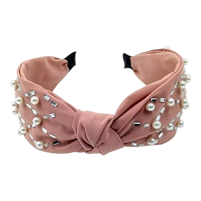 Elegant Rose Pearl & Rhinestone Turban Knot Headband