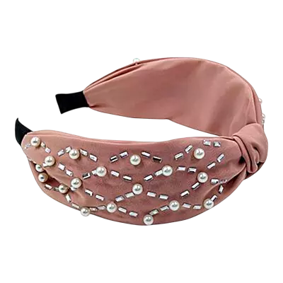 Elegant Rose Pearl & Rhinestone Turban Knot Headband