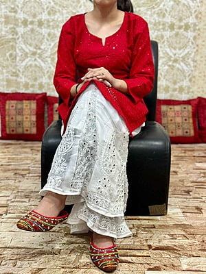 Chikan Kurti Lucknowi Palazzo Set-Red Chikan Kurti Lucknowi Palazzo Set-Red