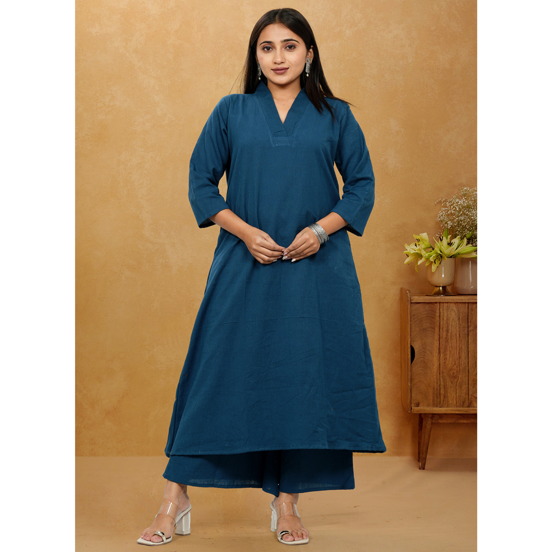Ruhani Teal Blue Cotton A-Line long Co-Ord Set