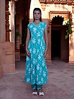 TURQUOISE FLORAL PRINT COTTON SALWAR SUIT SET - SLEEVELESS KURTA WITH MATCHING TROUSERS