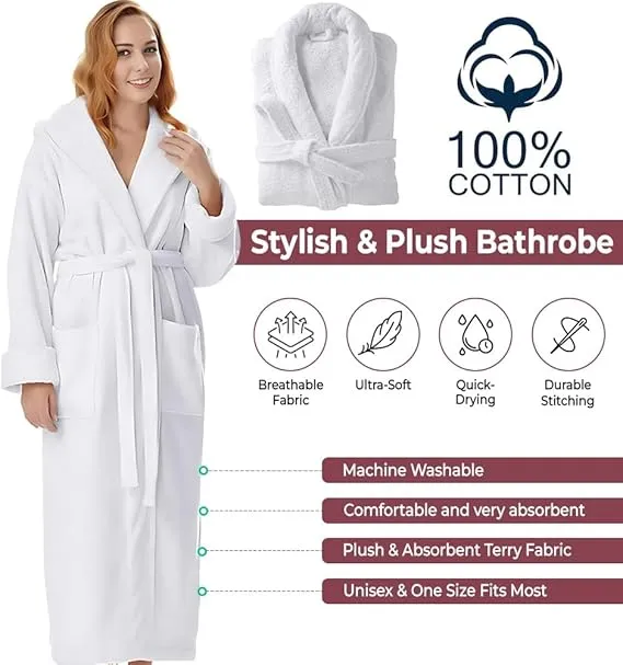 Sofrito Luxury 100% Cotton Terry Soft & Plush Bath Robe - White
