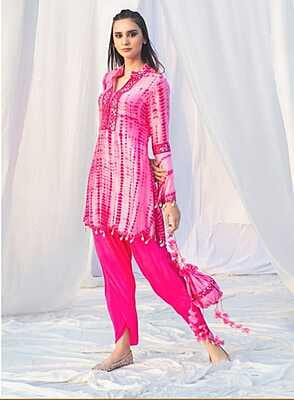 Tie And Dye Dhoti Kurta Set-Magenta-1