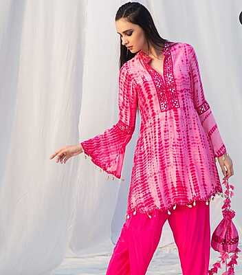 Tie And Dye Dhoti Kurta Set-Magenta-2
