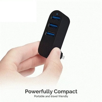 USB 3.0 Hub 3-Port | High-Speed, (90°/180° Rotatable) Adapter for Laptop, Notebook, PC (Matte Black)