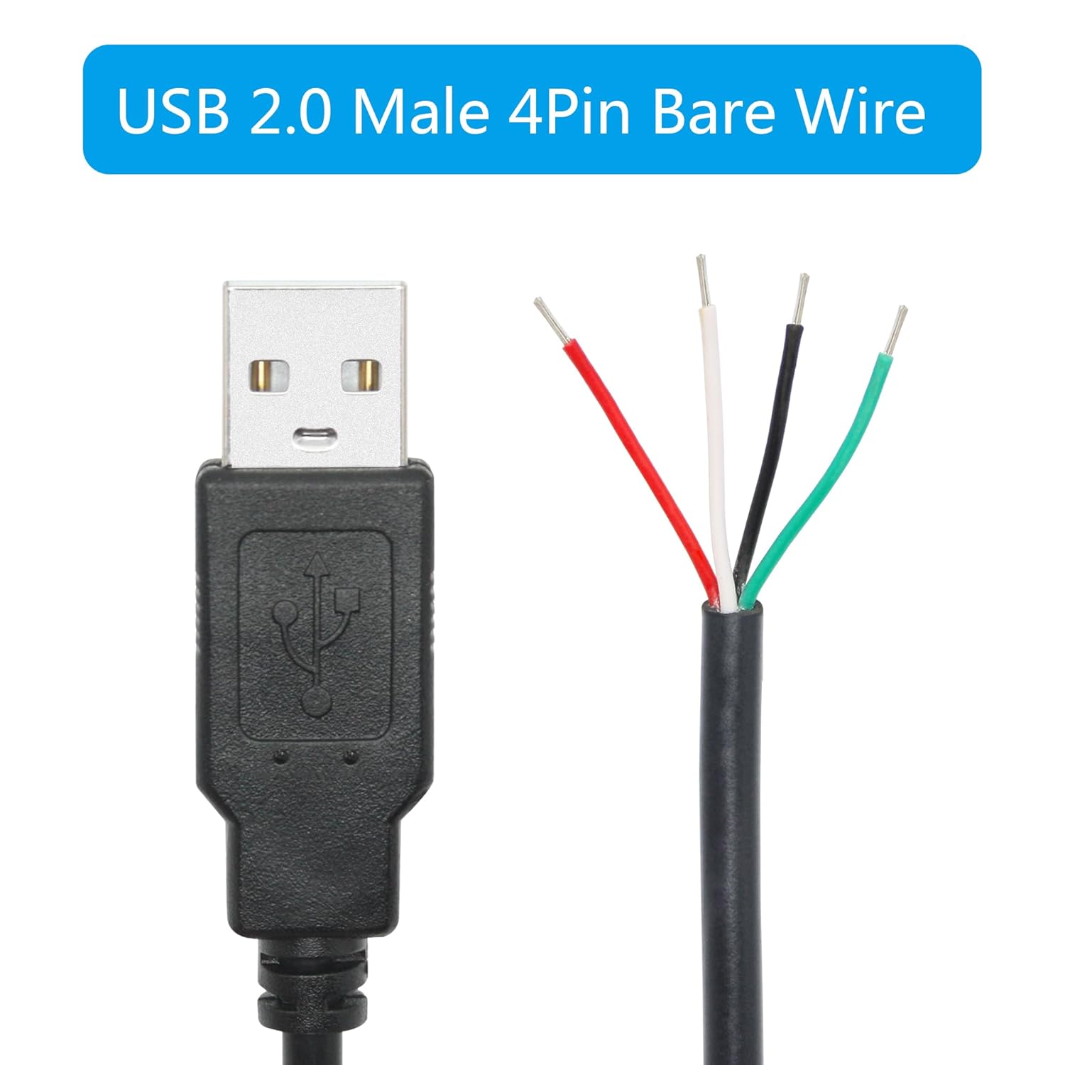 USB A Male Plug to Bare Wire Open End Cable – 5V/2A, 4-Core Pigtail Repair Cable for Keyboards, Mouse, and DIY Projects (1mtr)