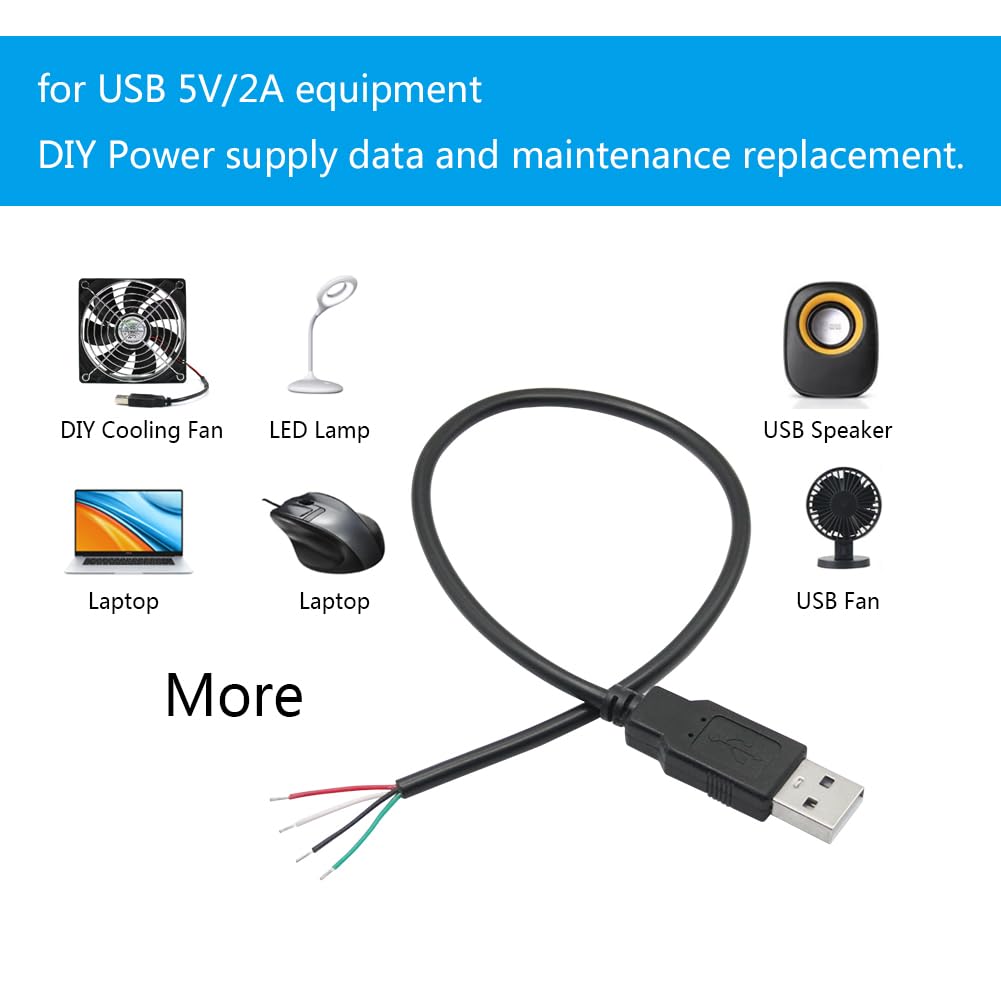 USB A Male Plug to Bare Wire Open End Cable – 5V/2A, 4-Core Pigtail Repair Cable for Keyboards, Mouse, and DIY Projects (1mtr)