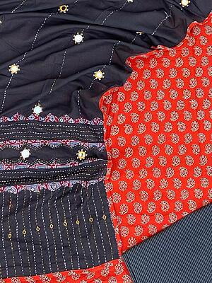 Ajrakh Unstitched Suit With Mirror Work Dupatta-14