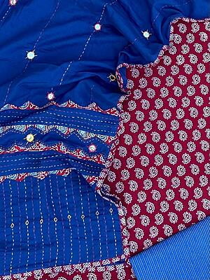 Ajrakh Unstitched Suit With Mirror Work Dupatta-18