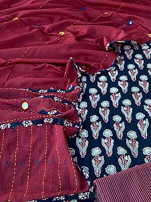 Ajrakh Unstitched Suit With Mirror Work Dupatta-2