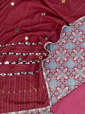 Ajrakh Unstitched Suit With Mirror Work Dupatta-20