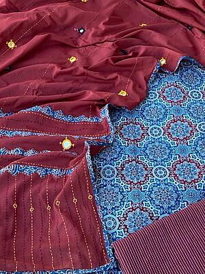 Ajrakh Unstitched Suit With Mirror Work Dupatta-4