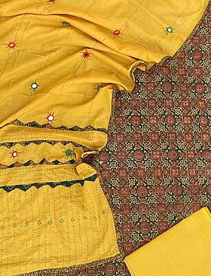 Ajrakh Unstitched Suit With Mirror Work Dupatta-8