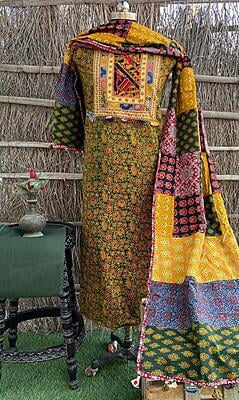 Ajrakh Unstitched Suit With Patch Work Dupatta-10 Ajrakh Unstitched Suit With Patch Work Dupatta-10