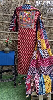 Ajrakh Unstitched Suit With Patch Work Dupatta-6 Ajrakh Unstitched Suit With Patch Work Dupatta-6