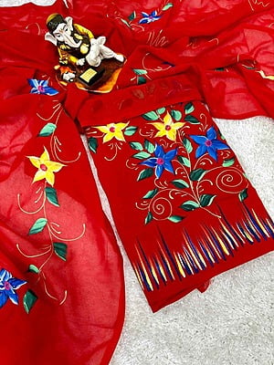 Hand Painted Georgette Suit-Red-1 Hand Painted Georgette Suit-Red-1