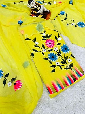 Hand Painted Georgette Suit-Yellow-1 Hand Painted Georgette Suit-Yellow-1