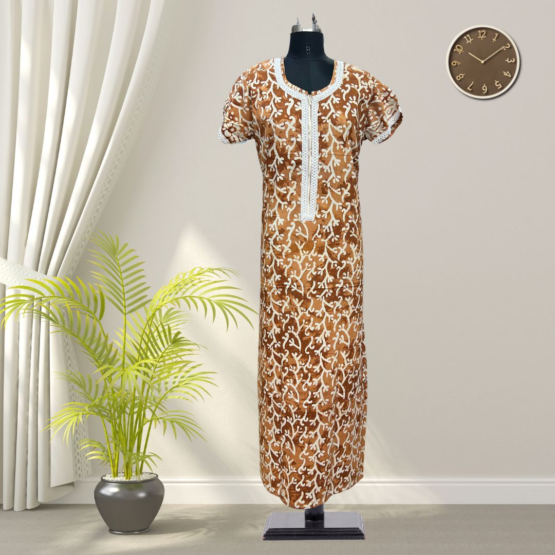 Sandy Brown Batik Cotton Nighty With All Over From Libas Loungewear - AL1097 Sandy Brown Batik Cotton Nighty With All Over From Libas Loungewear - AL1097