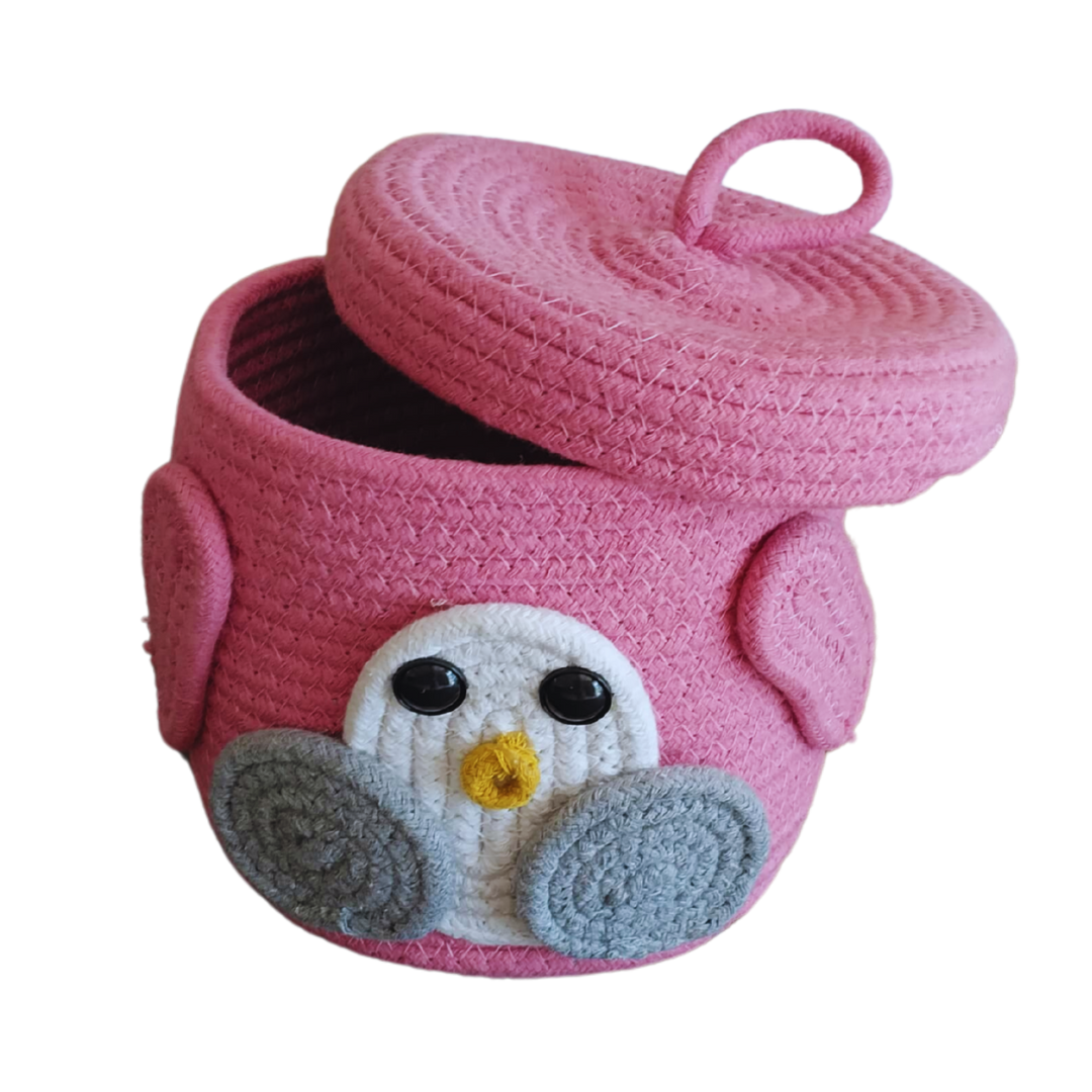 Cotton kids Storage Basket, Organizer Box, Penguin face- Pink/ size(6*6) Handwoven Eco-Friendly Foldable Storage Basket Bins with Lid Cotton kids Storage Basket, Organizer Box, Penguin face- Pink/ size(6*6) Handwoven Eco-Friendly Foldable Storage Basket Bins with Lid