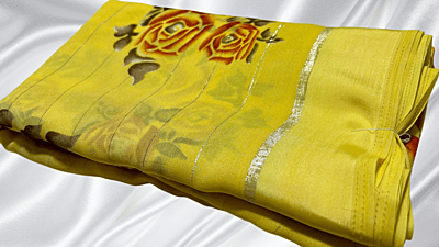 Silver Line Rose Satin Saree - Yellow