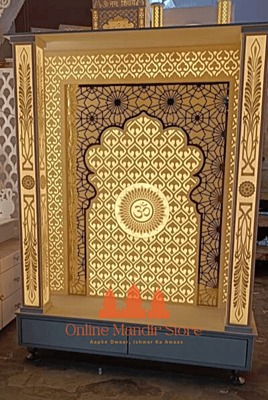 "Shree OM Divinity: Luxurious Corian Mandir with Glowing Engravings"