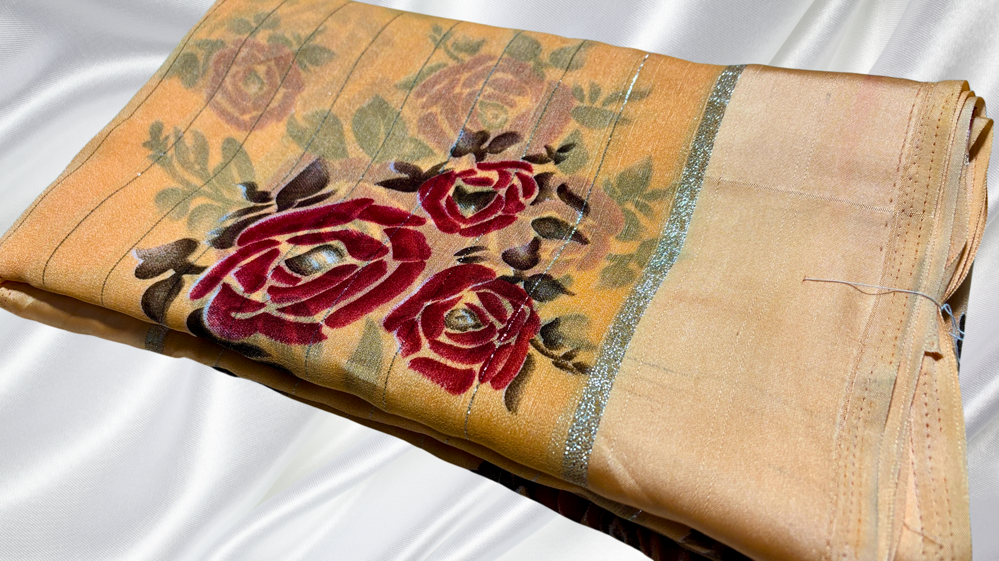 Silver Line Rose Satin Saree - Light Orange