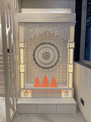 "Shubh Bhavya Corian Mandir with Illuminated Spiritual Motifs"