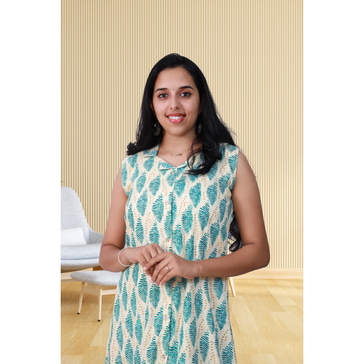 Shiya Sleeveless Aqua Green Leaf Print