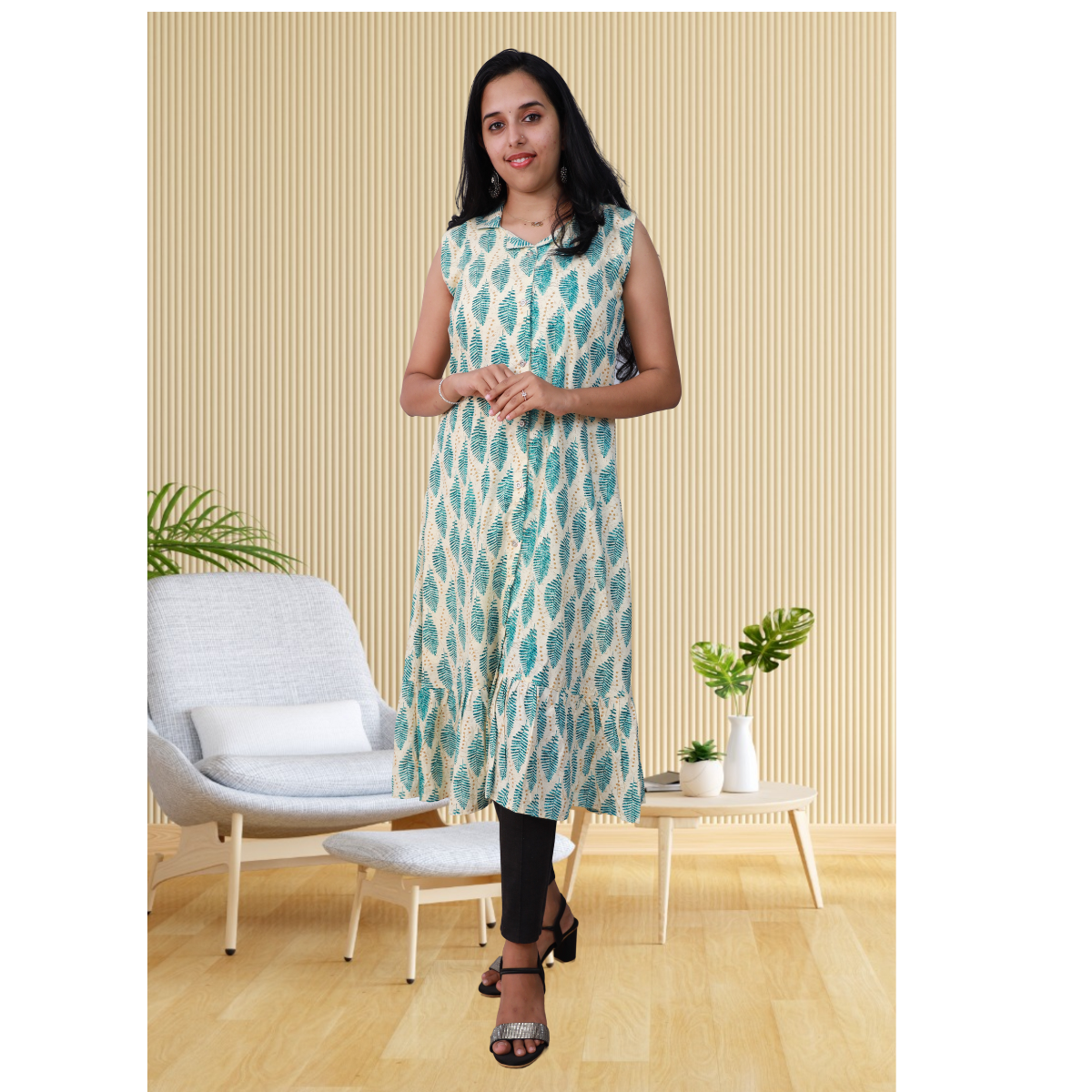 Shiya Sleeveless Aqua Green Leaf Print