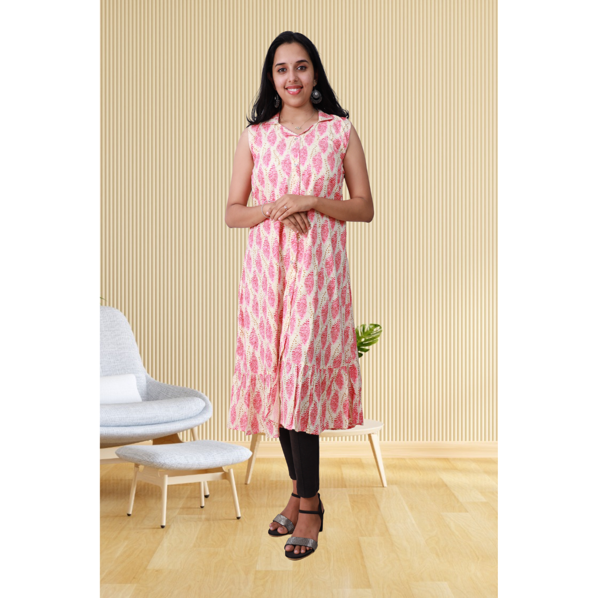 Shiya Sleeveless Pink Leafy Print