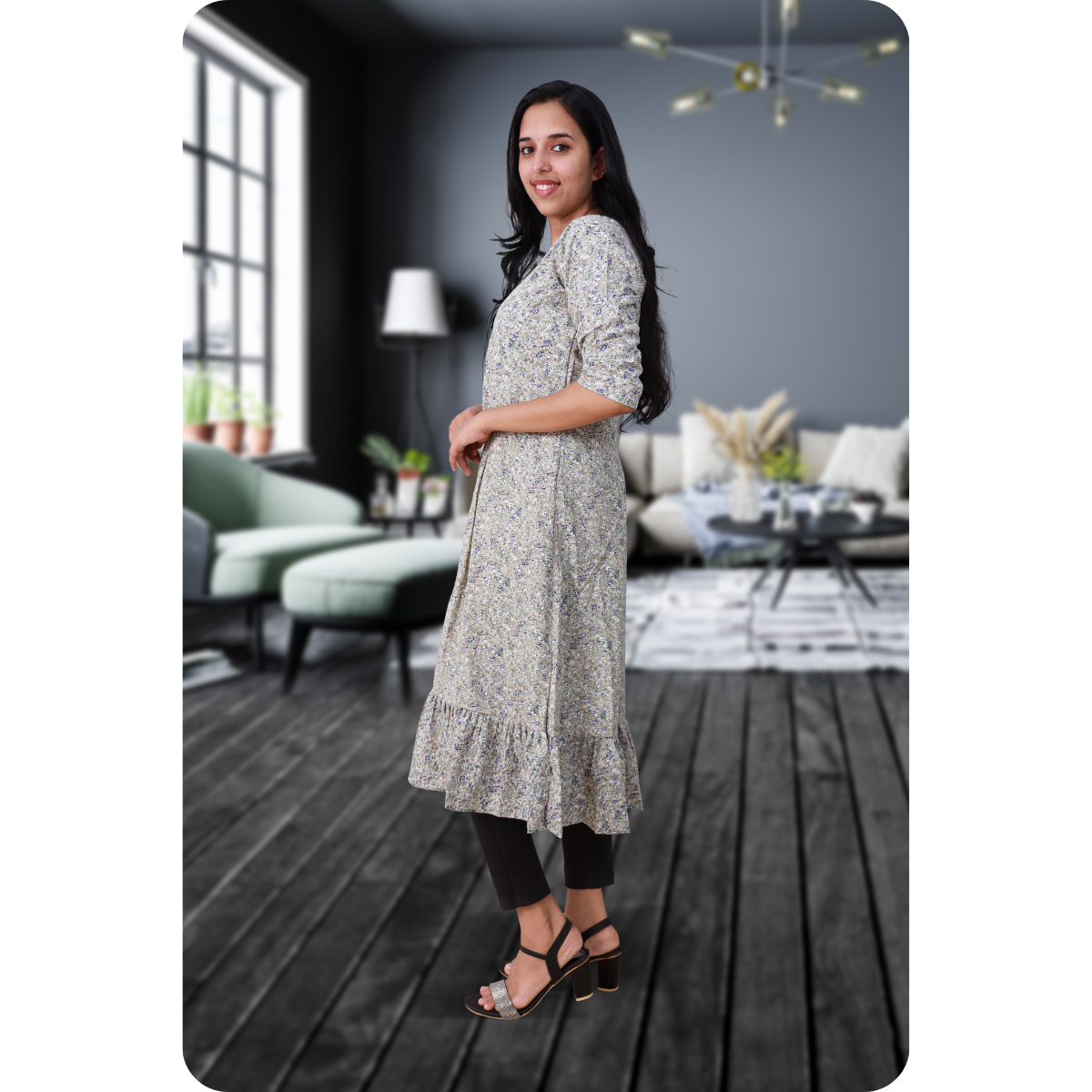 Isha Grey With Blue Print