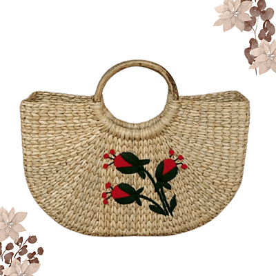 13-Inch Kauna Basket with Handle & Embroidery | Handwoven Natural Gift Basket | Eco-Friendly Decorative Hamper