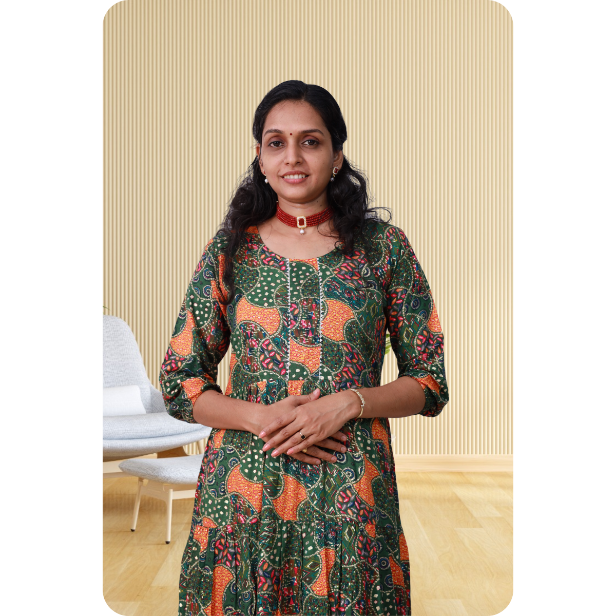 Miya Green and Orange Print Flare Top