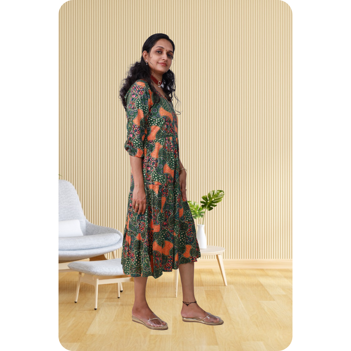 Miya Green and Orange Print Flare Top