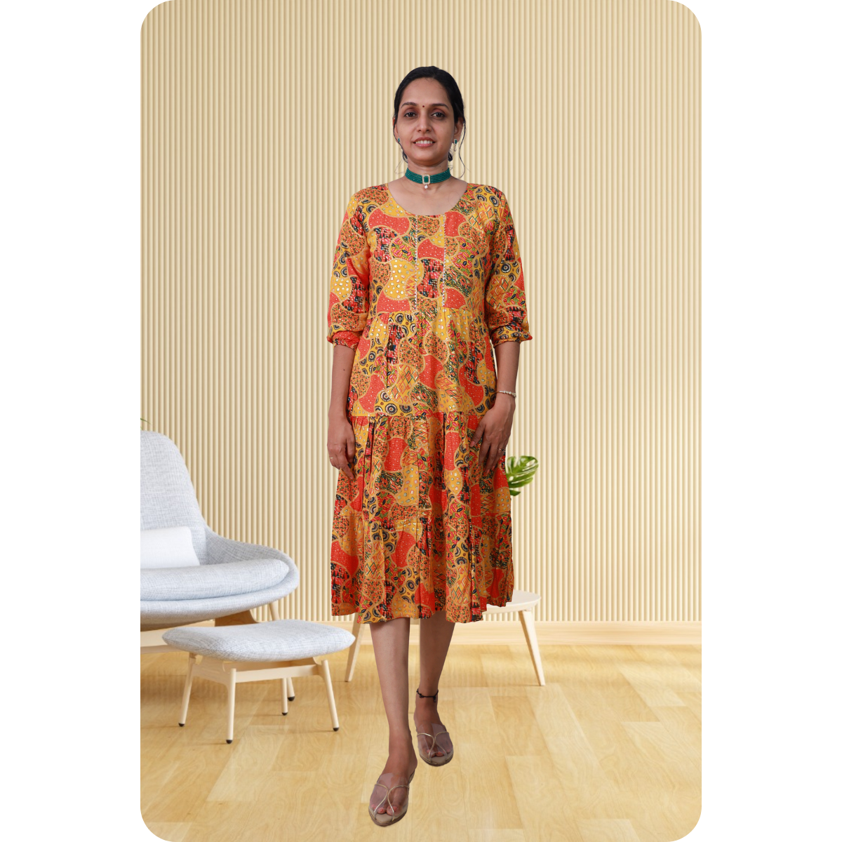 Miya Orange and Yellow Print Flare Top