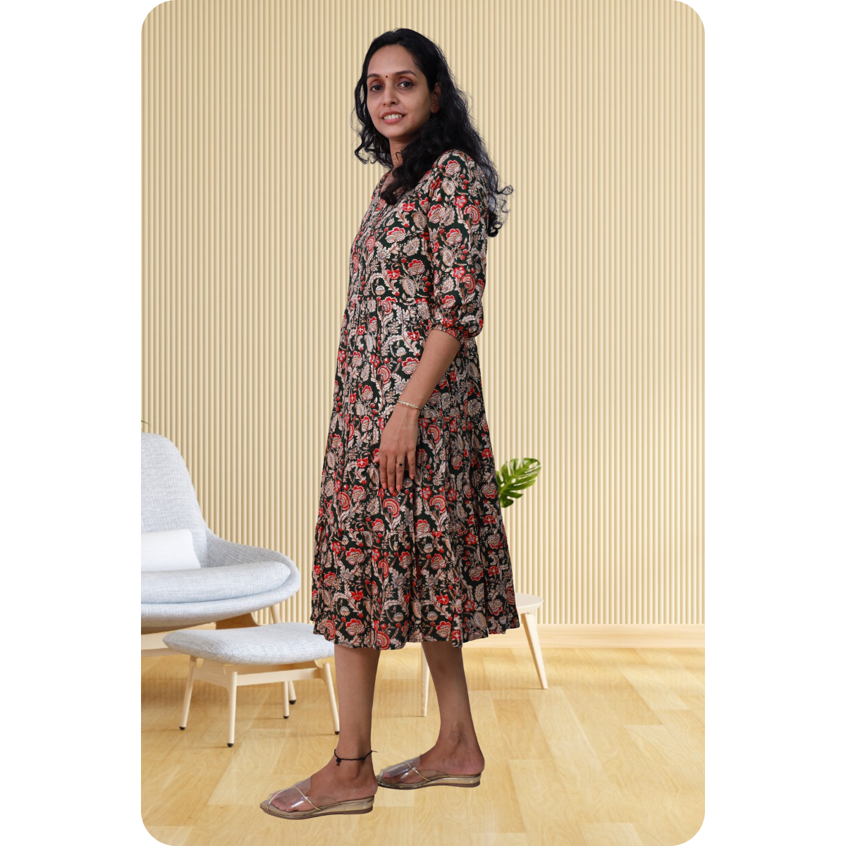 Kripa Red and Black Print Frill Top