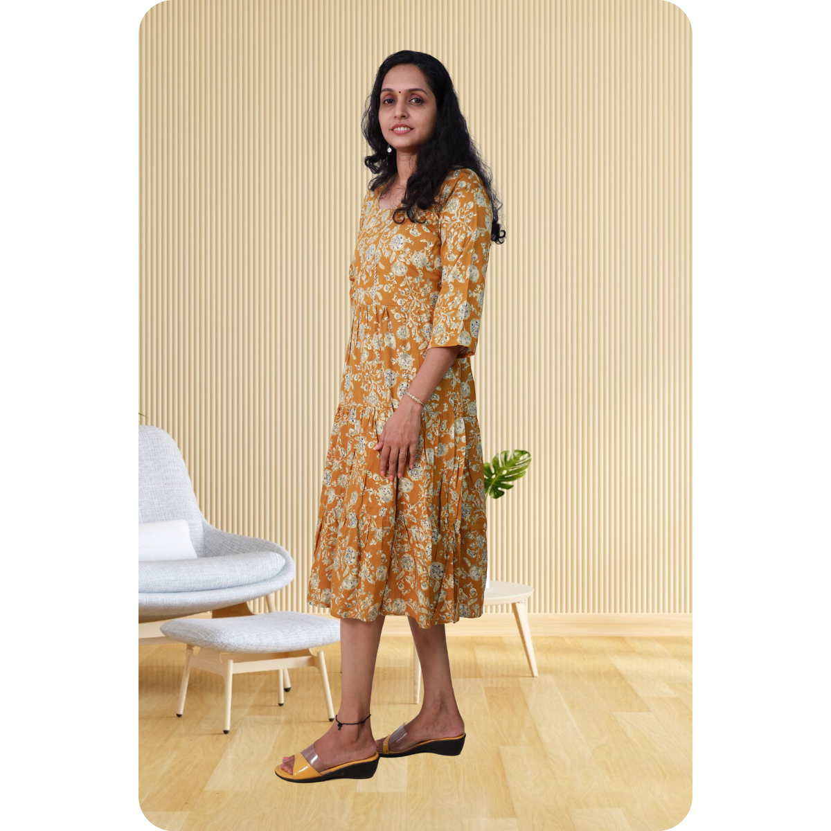 Kripa Yellow and White Print Frill Top