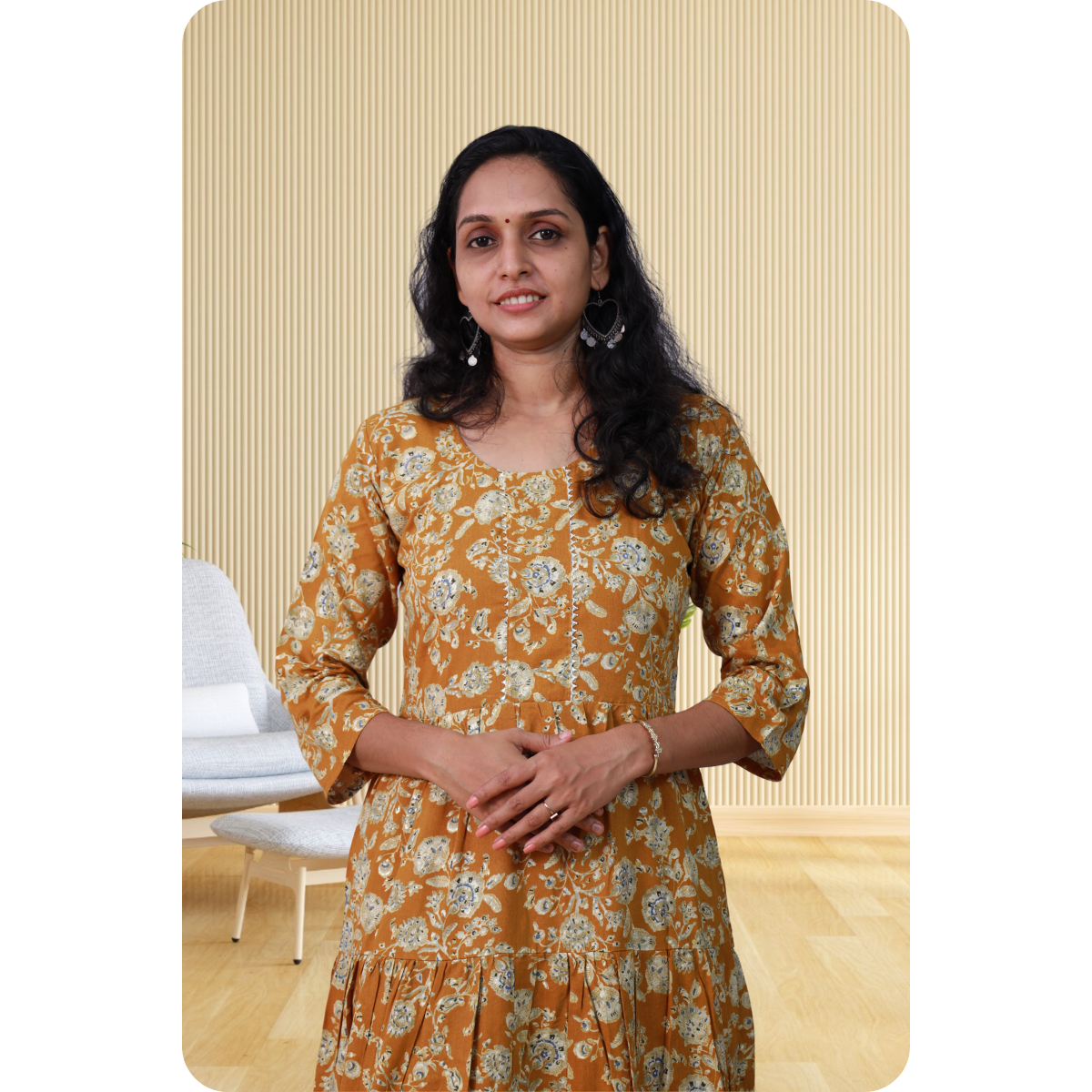 Kripa Yellow and White Print Frill Top