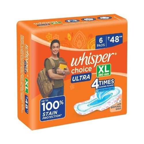 Whisper Choice Sanitary Pads for Women, XL, 6 Napkins Whisper Choice Sanitary Pads for Women, XL, 6 Napkins
