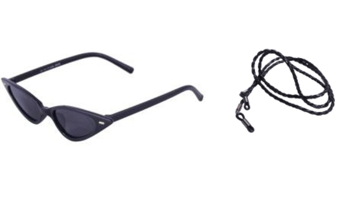 Soigné Female Small Cat Eye Sunglasses.Black Frame.Black Lens with Strings.Black