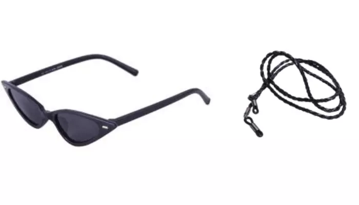 Soigné Female Small Cat Eye Sunglasses.Black Frame.Black Lens with Strings.Black