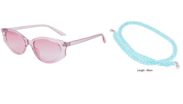 Soigné Female Large Cateye Sunglasses.See Through Pink Frame with Light blue String Soigné Female Large Cateye Sunglasses.See Through Pink Frame with Light blue String