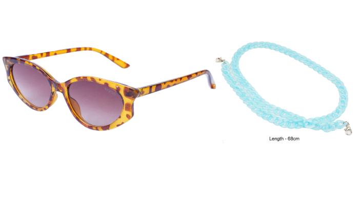 Soigné Female Large Cateye Sunglasses.Leopard Print with Lite Blue Color Chain