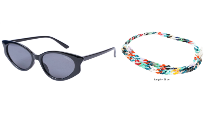 Soigné Female Large Cateye Sunglasses.Glossy Black with Multi Color Sunglasses Chain